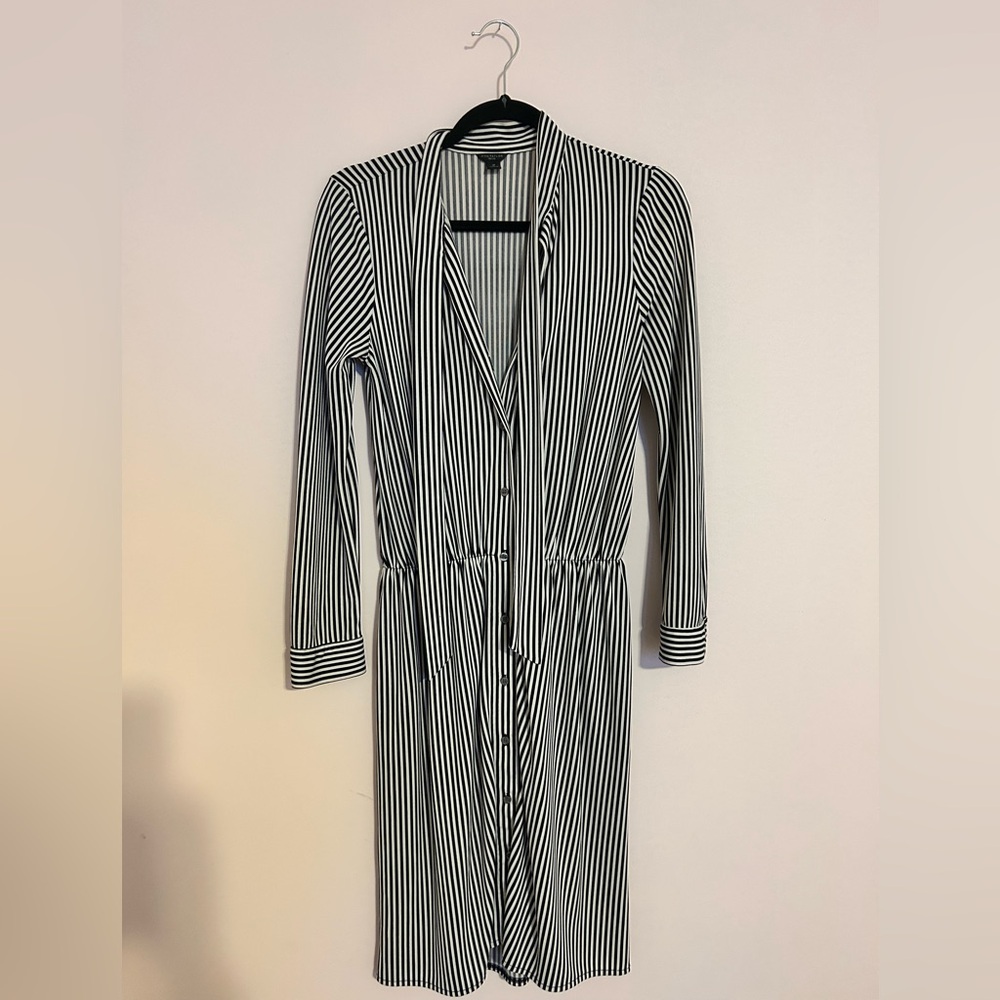 Elegant Ann Taylor black and white stripe dress with neck tie and long sleeve